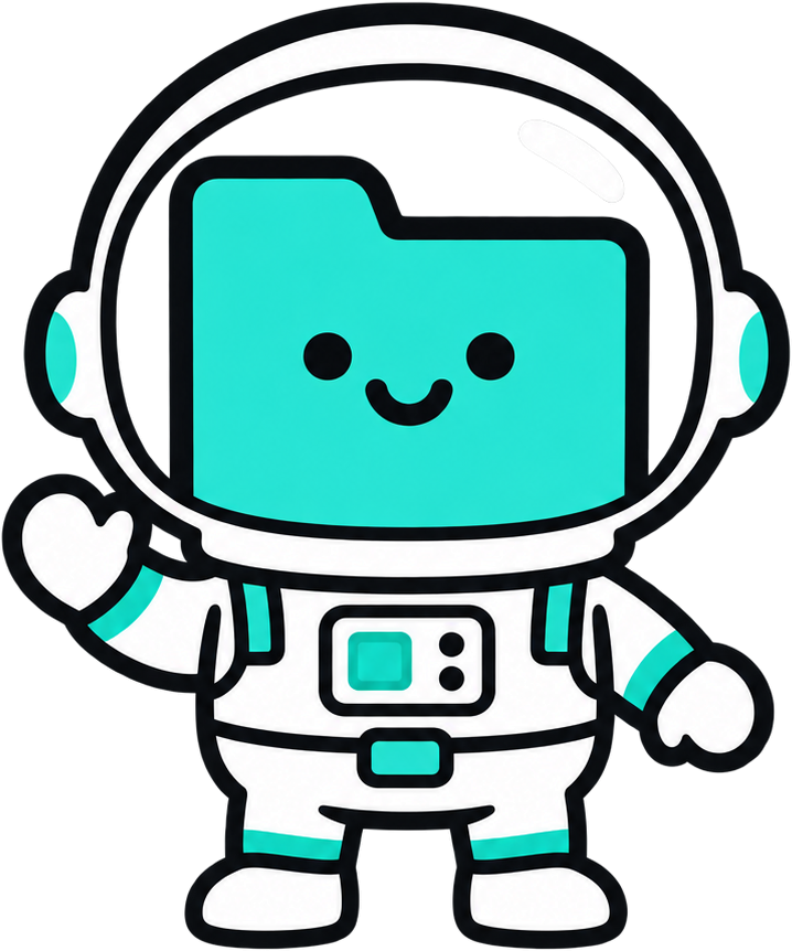 La mascotte de Lumo, un petit dossier turquoise en tenue d’astronaute, qui fait coucou.